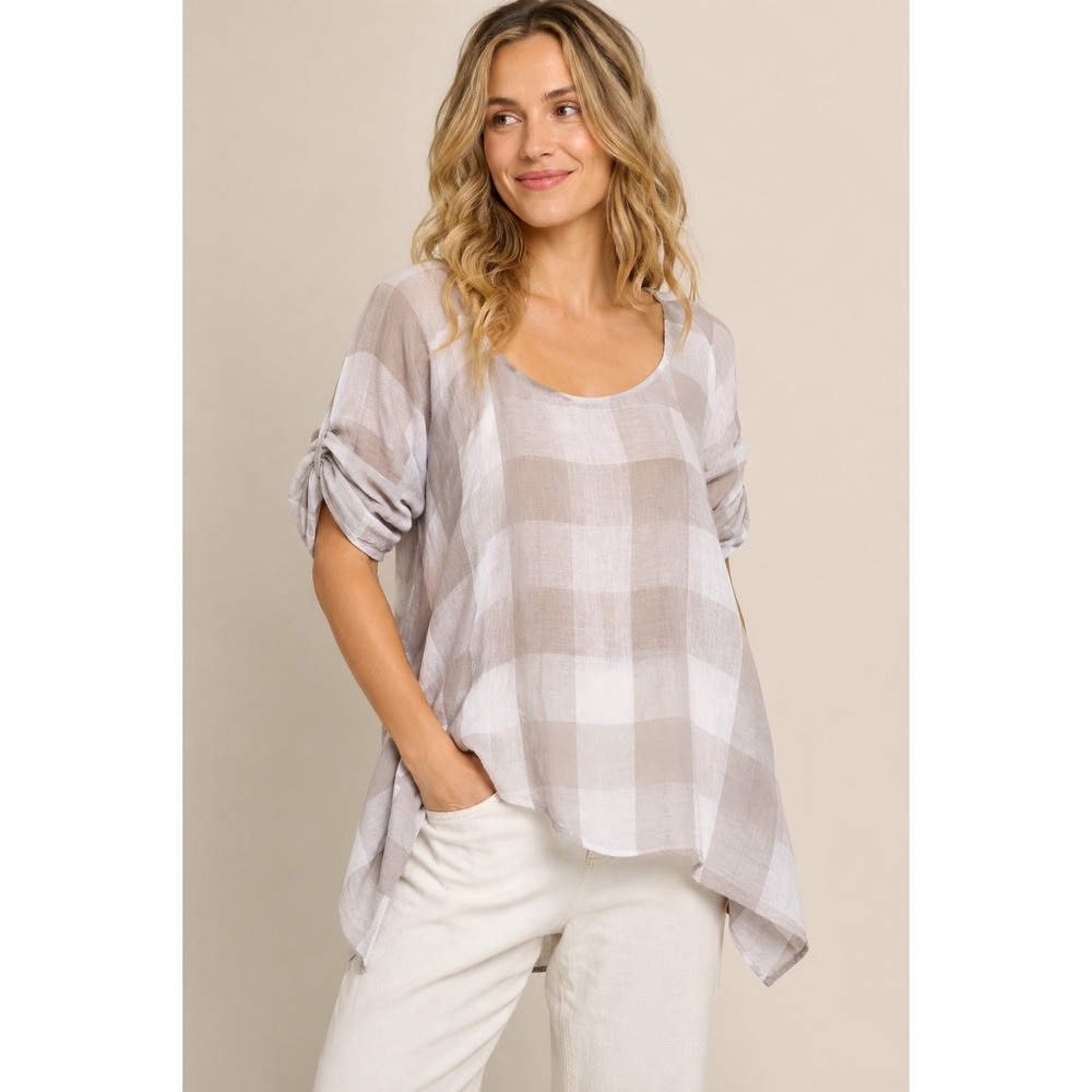 Chalet Womens Large Linen Buffalo Check Tunic Top Beige White Sharkbite H15200